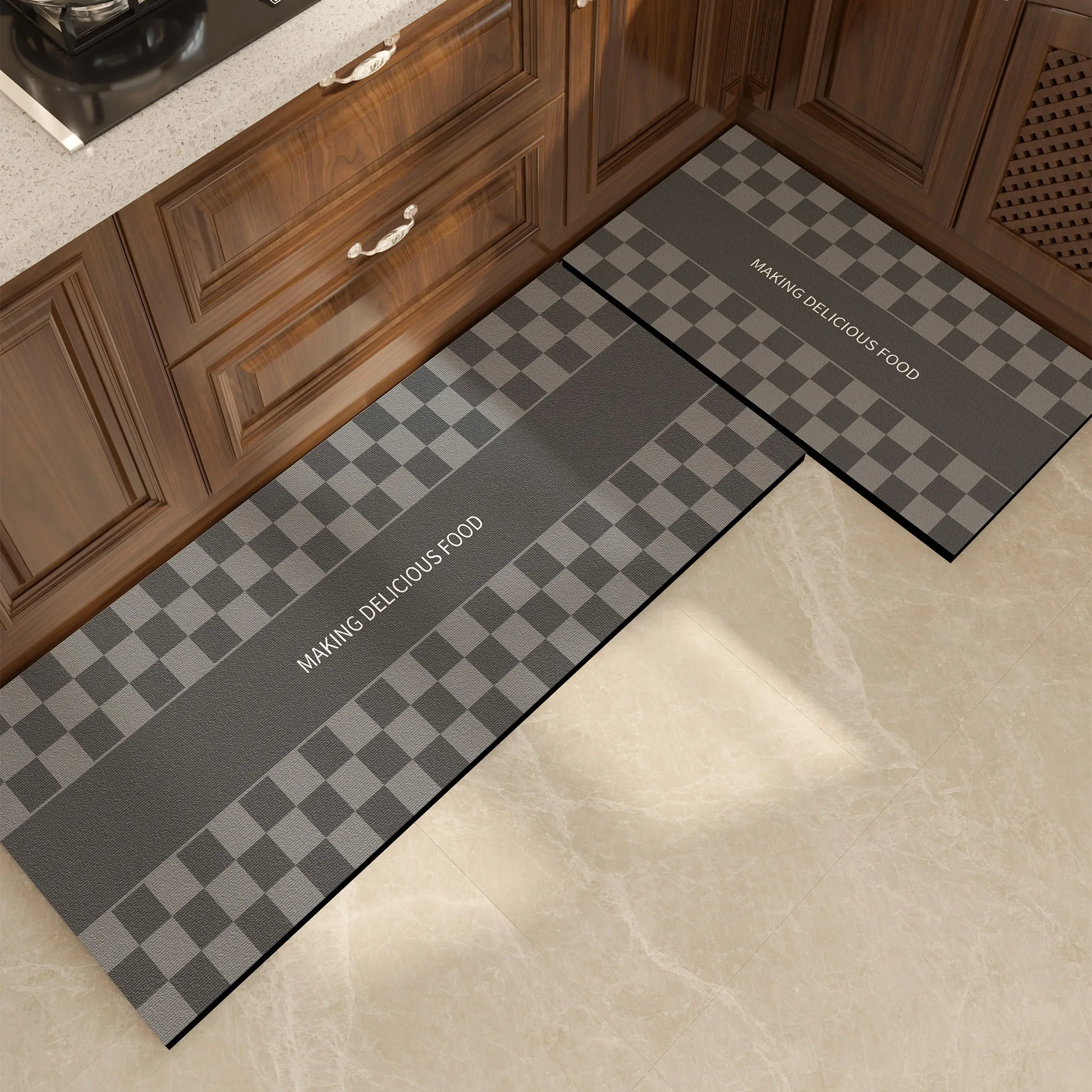 

Kitchen Floor Mat Waterproof Non-slip Oil-resistant Leather Carpet PVC Gray Geometric Rug Home Decoration Mat Alfombra Cocina