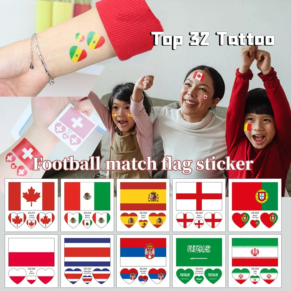 10pcs New 2022 Football Match Face Tattoo Sticker Russia Brazil France Spain US flag Games Party Cheer waterproof Sticker