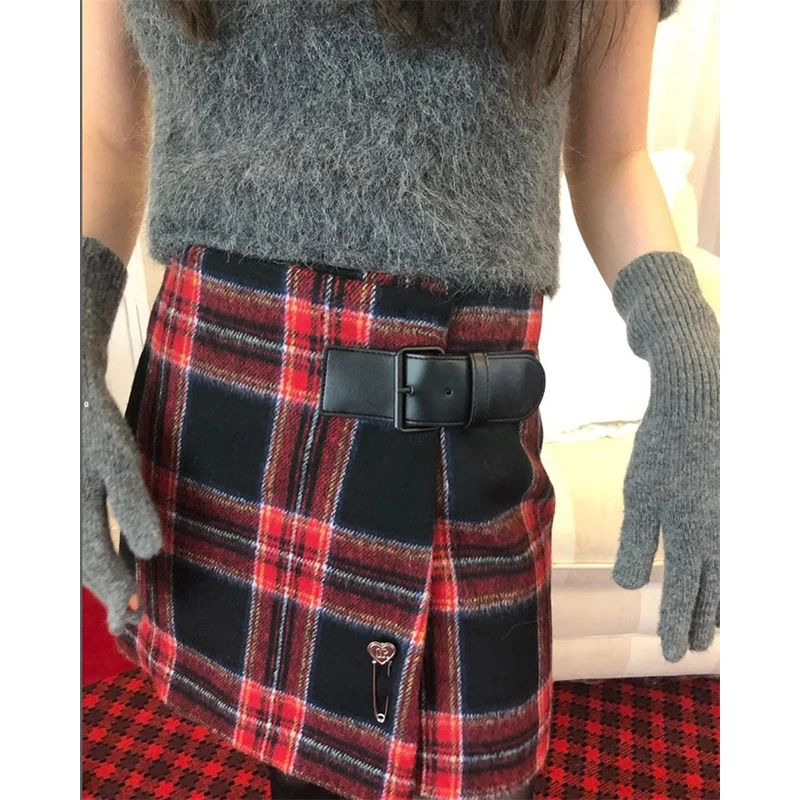 Korobov Autumn Winter Skirts for Woman Red Woolen Plaid Skirt Korean Fashion A Line Package Hip Skirt Female Faldas Para Mujeres