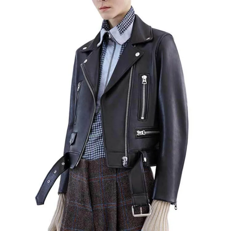 

2023 New Autumn Winter European American Ladies Black Artificial Leather Jacket Coat Lapel with Belt Rivet Leather Overcoat