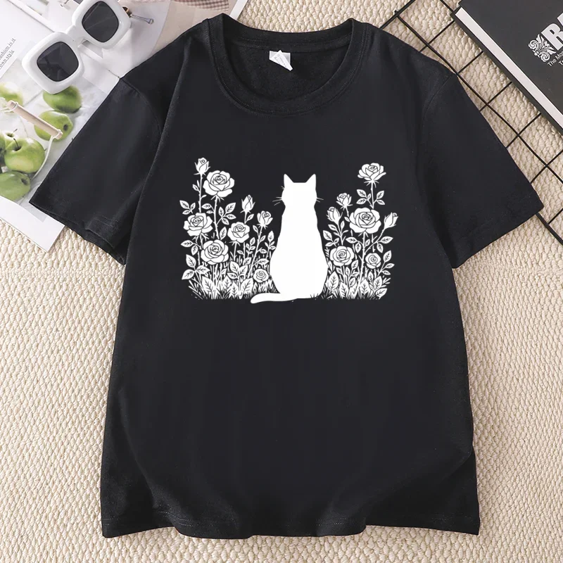 Vintage Comfort Y2k Cat T Shirt Women Ladies Cute Kitten Tee Pressed Flowers Tshirt CasuaShort Sleeve Round Neck Tee