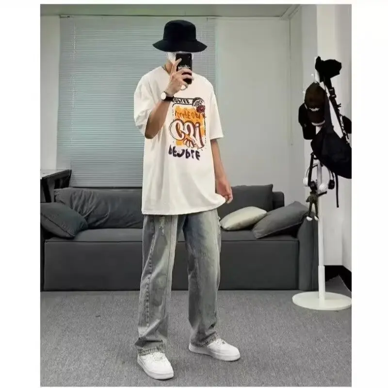 الصيف حجم كبير الأمريكية الرجعية شارع العليا Waed عادية فضفاض الرجال الجينز ثقب اللكم مستقيم الساق فضفاضة تناسب الجينز