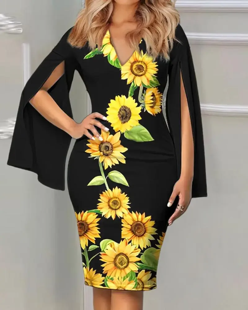 Damenkleid mit V-Ausschnitt, ausgestellten Ärmeln und geometrischem Golddruck, figurbetontes Midikleid, elegantes, schmales Outfit für Teepartys und formelle Anlässe – Detail 2