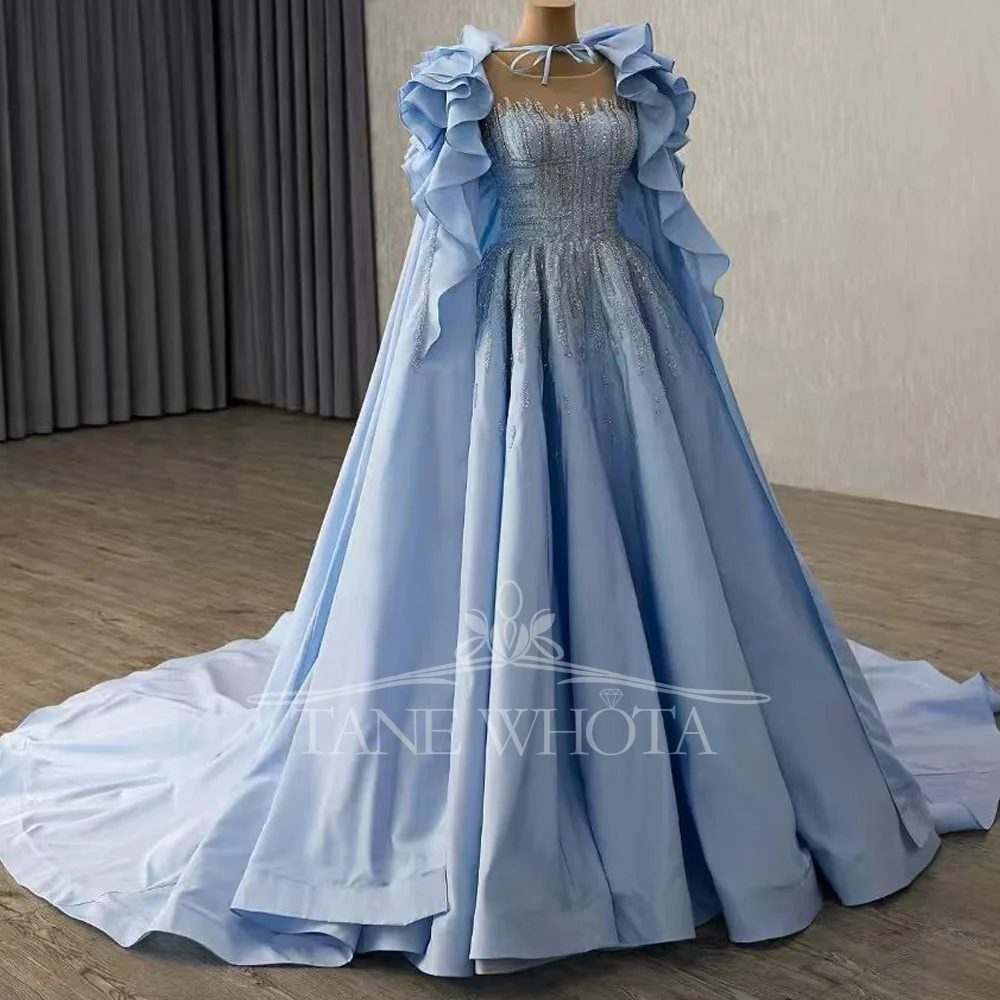 Women's Blue Sequined O-Neck Sleeveless Evening Dress With Detachable Cape Lace-Up Back Customizable Special Occasion Gown