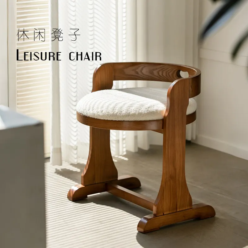 Medieval solid wood dressing stool designer home backrest lamb wool makeup stool bedroom study cloakroom retro stool