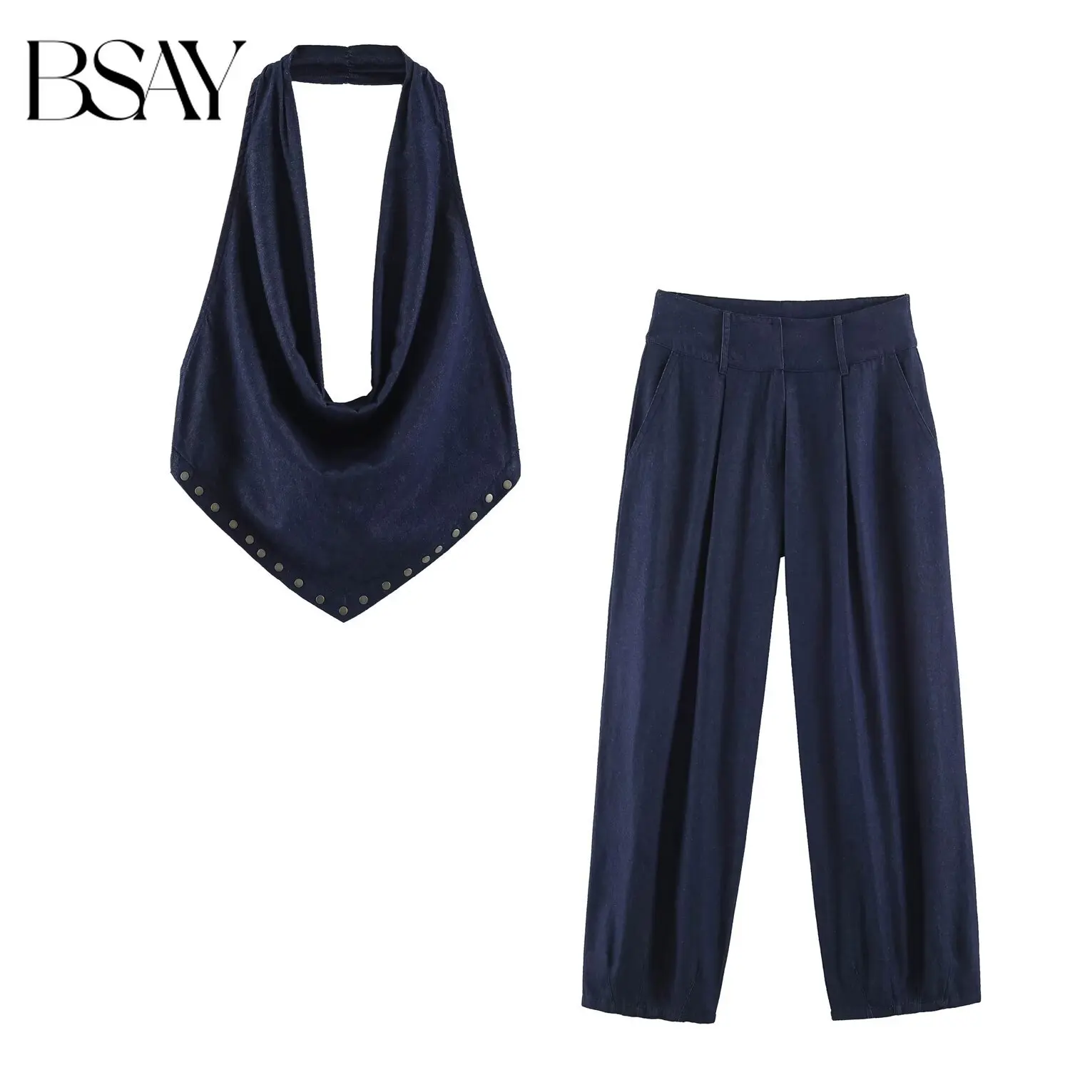 BSAY Summer Women Rivet Decor Halter Backless Top Pleated High Waist Barrel Pants Two Piece Set Vintage Dark Blue Casual Outfit