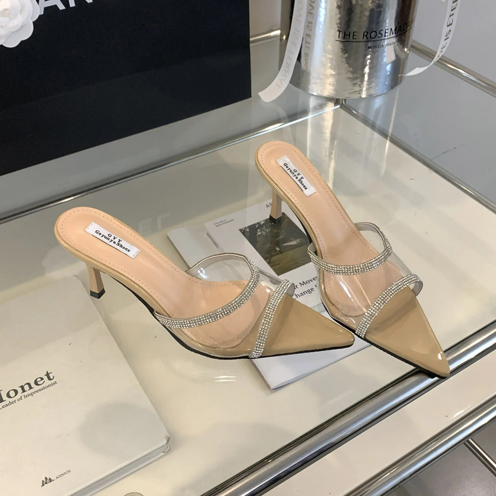 Women's Rhinestone Clear Pointed Open Peep Toe Stiletto Heel Slide Sandals Slip-On Transparent Sexy Dress High Heels Mules