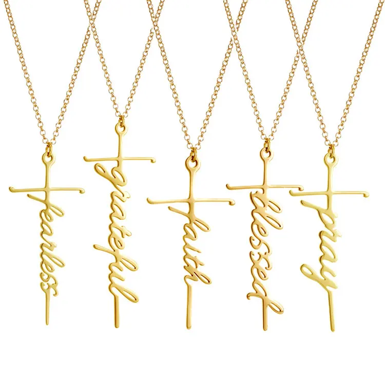 Gold Plated Cross Pendant Necklace Creative Inspirational Letter Hope Believe Grateful Charms Cross Necklaces for Women Men