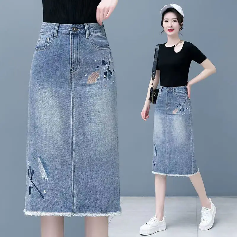 

Embroidery Denim Skirts for Women Summer New High Waist Fashion Thin Jeans A-Line Skirt Diamond Casual Slim Midi Skirts Q343