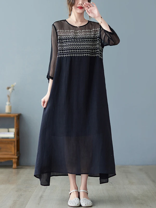 Couleur artistique Blo brodé Me panneaux Long Dr grande taille t-shirt femme quart Sve rond Ne une jupe trapèze