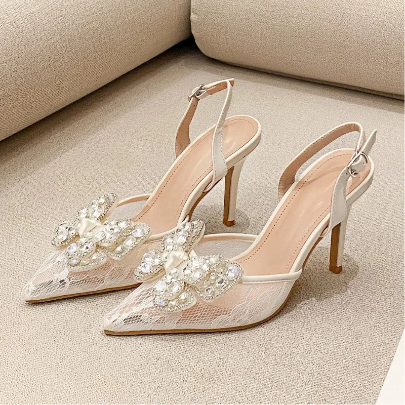

New Summer Women's High Heels Pointed Toe Fashionable Stilettos Sexy Versatile Bow Rhinestones Closed Toe Sandals