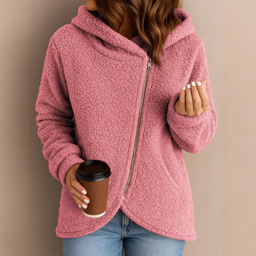 2026 New Fashion Women's Sherpa Hoodie Asymmetric Zipper Long Sleeve Loose Warm Casual Jacket Autumn/Winter Teddy Wool Jacket