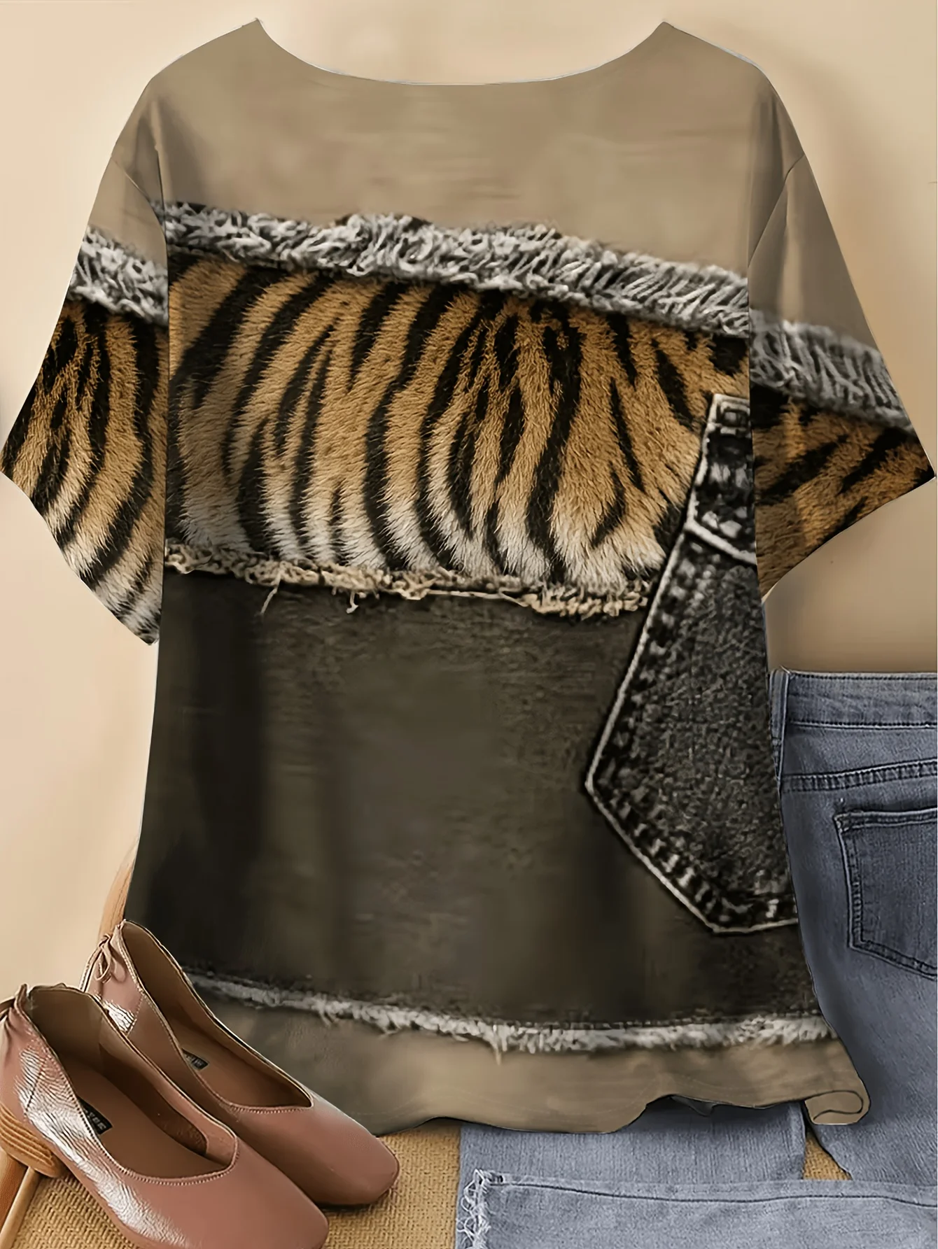 Women Round Neck Short Sleeve T‑shirt Tiger Stripe Faux Denim Patchwork Print Loose Fit Casual Daily Tee Top Women's Clothes