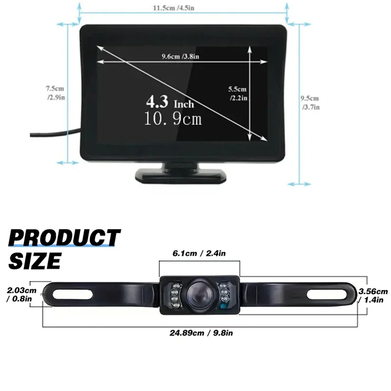 4.3inch HD Display lCD Monitor Car Rear View Backup 8LED license plate Camera Full Set Parking system For Pickup Van RV
