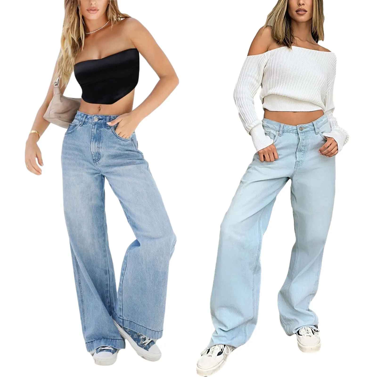 

Women Jeans Solid Color Wide Leg Denim Pants Casual Loose Baggy Trousers with Pockets Boyfriend Y2K E-Girl Streetwear