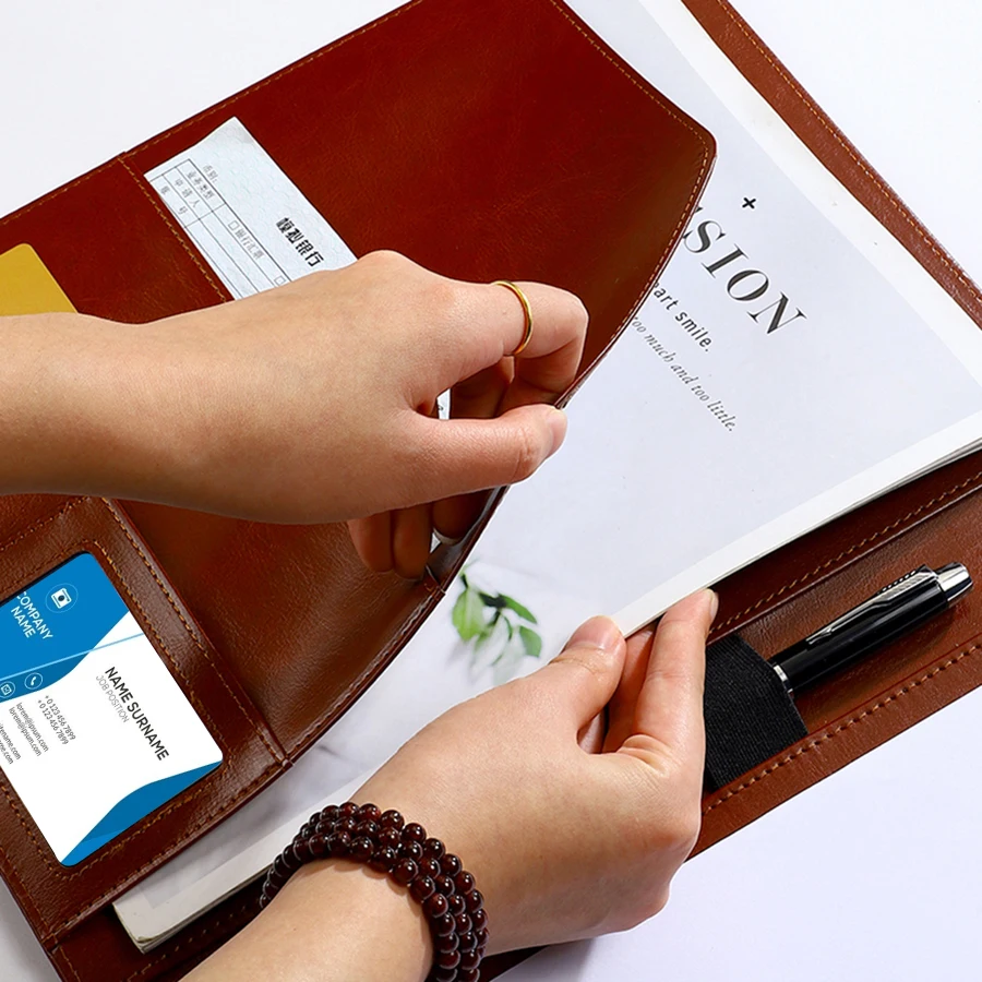 1 قطعة الملمس بو الجلود مجلد متعدد الوظائف A4 كليب حامل قلم فتحات بطاقة-منظم اجتماع مكتب الأعمال للبنك/البيع