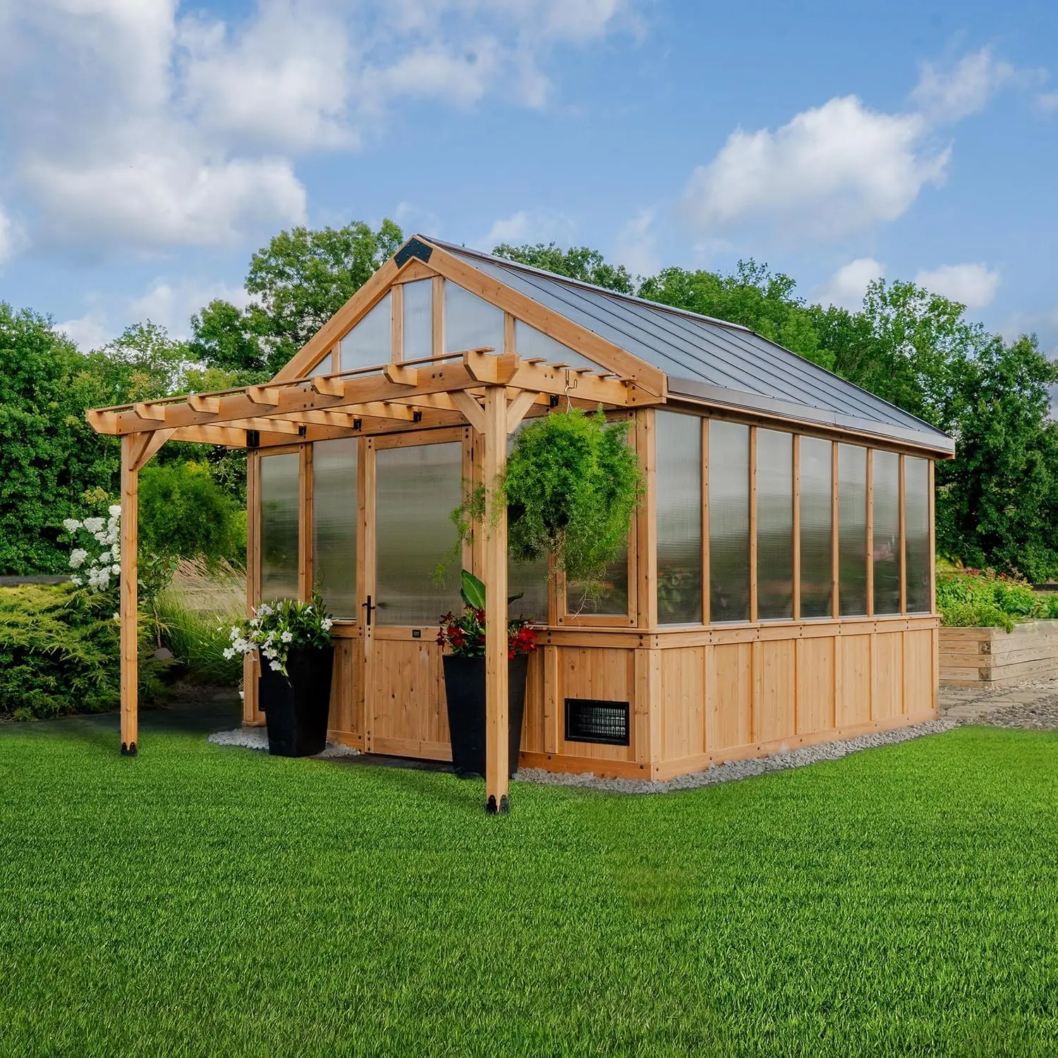 ^XL 13' X 11' Cedar Wood And Polycarbonate Walk-in Greenhouse Kit With Pergola, Exhaust Fan, Windows, Hose Hook-ups, Powerport