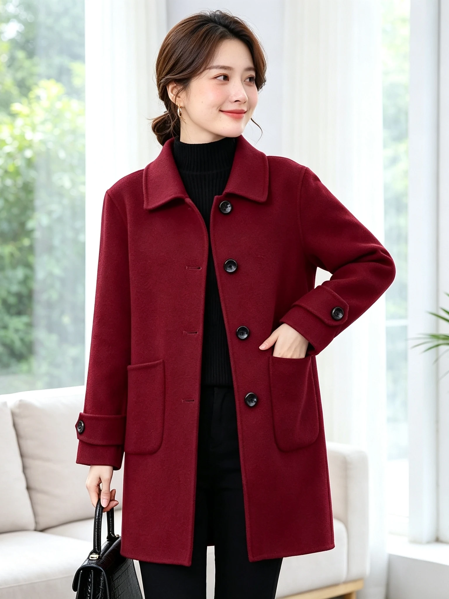 Women's Mid-Length Woolen Coat 2026 Autumn Winter New Style High-End Feeling Mom's Lucky Year Red Woolen Coat Open Front Long...