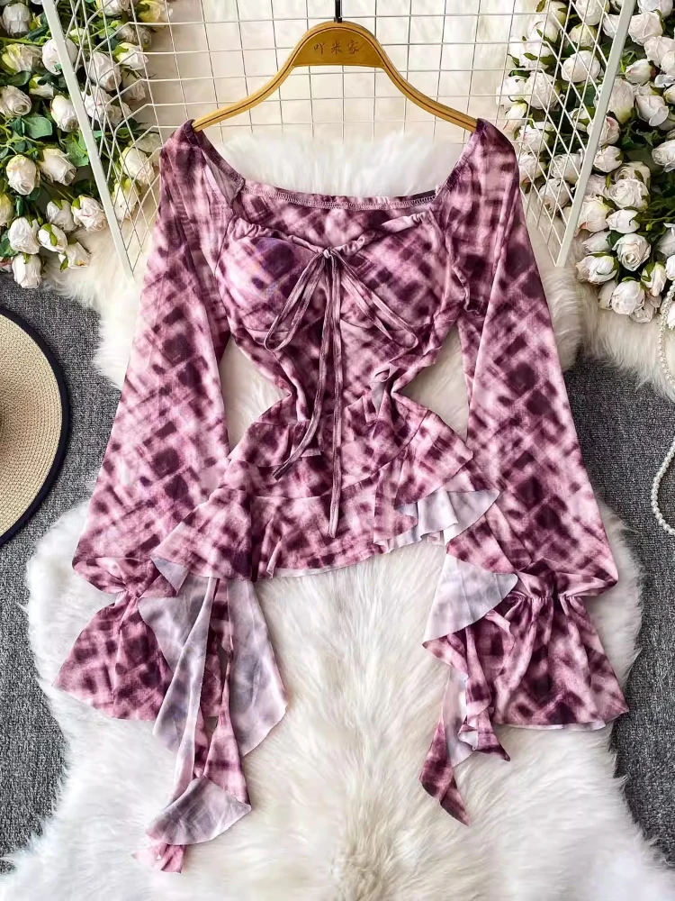 

Women Shirt Elegant Lace-Up Chest Pad Square Collar Horn Sleeve Blouse Ladies Autumn Design Plaid Ruffled Top Female Streetwear