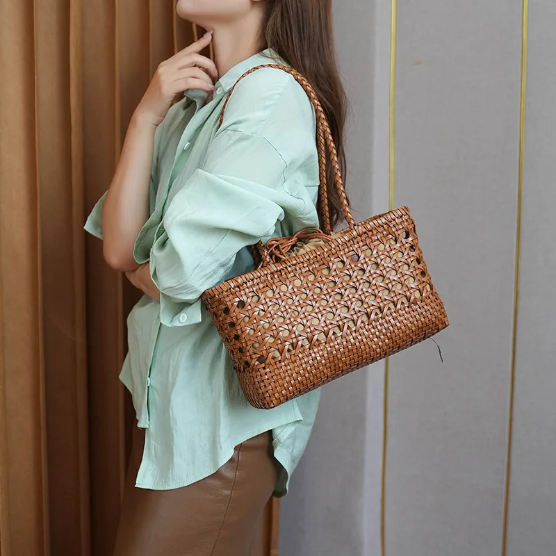 vegetable basket bag women's handbag hot selling women's bag 2026 New autumn and winter woven bag genuine leather hollow