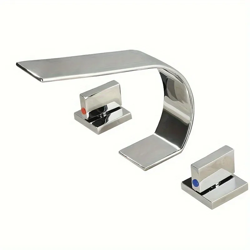Gold Bathroom Faucet 3 Hole Deck Mounted Waterfall Wide Spout Double Handle Bathtub Mixer Tap