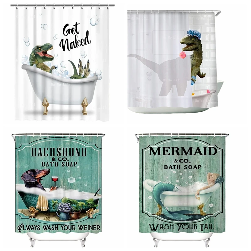 Dinosaur Bear Kids Funny Cute Cool Little Mermaid Shower Curtain Teal Green Wash Your Tail Ocean Bathtub Bubbles Vintage Decor