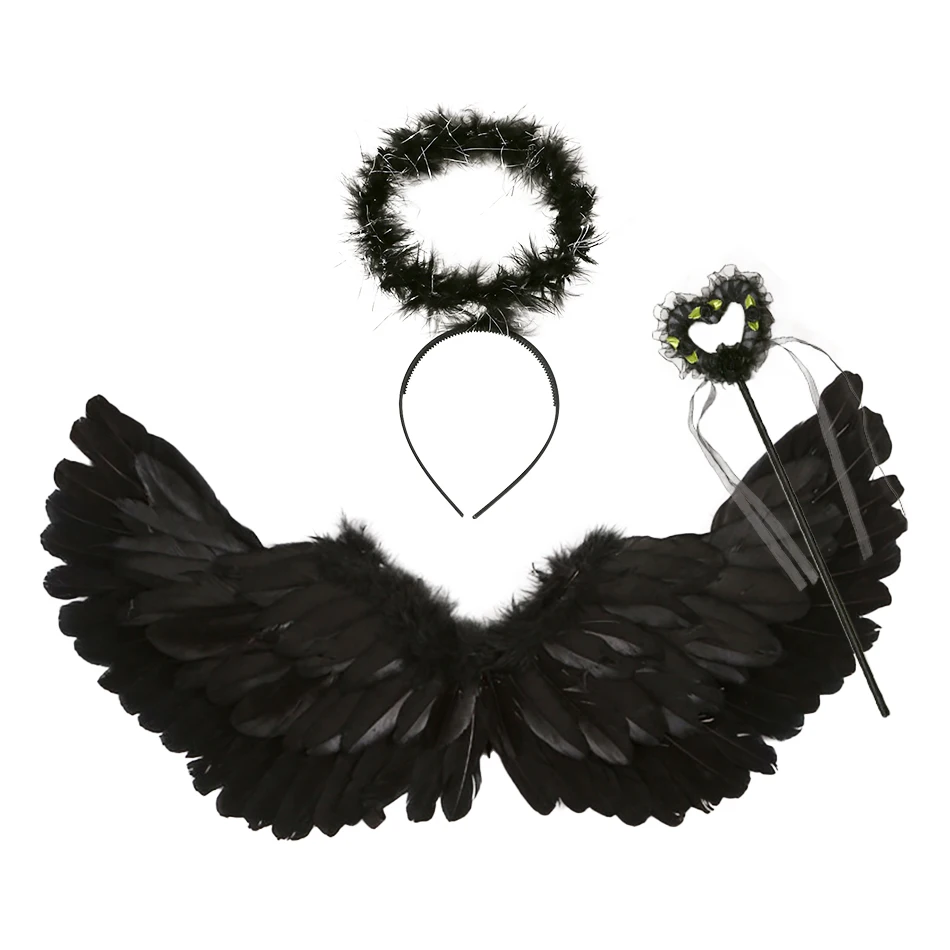 Girls Feather Angel Devil Wings Headband Magic Wand Set Kids Angel Wings Party Halloween Stage Performances Accessories