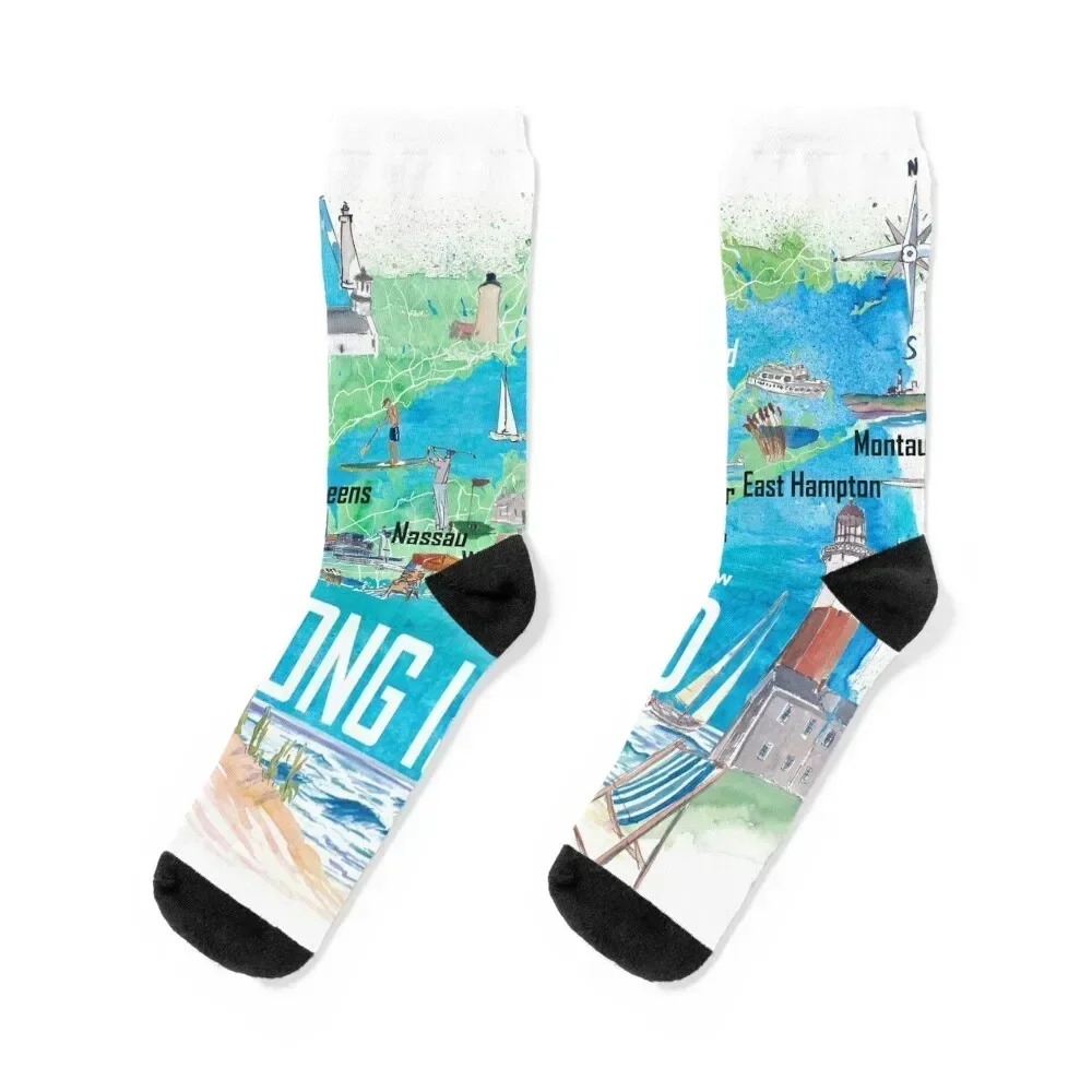 

Long Island Illustrated Map with Roads and Highlights Socks Soccer loose anime Christmas Men Socks Women's