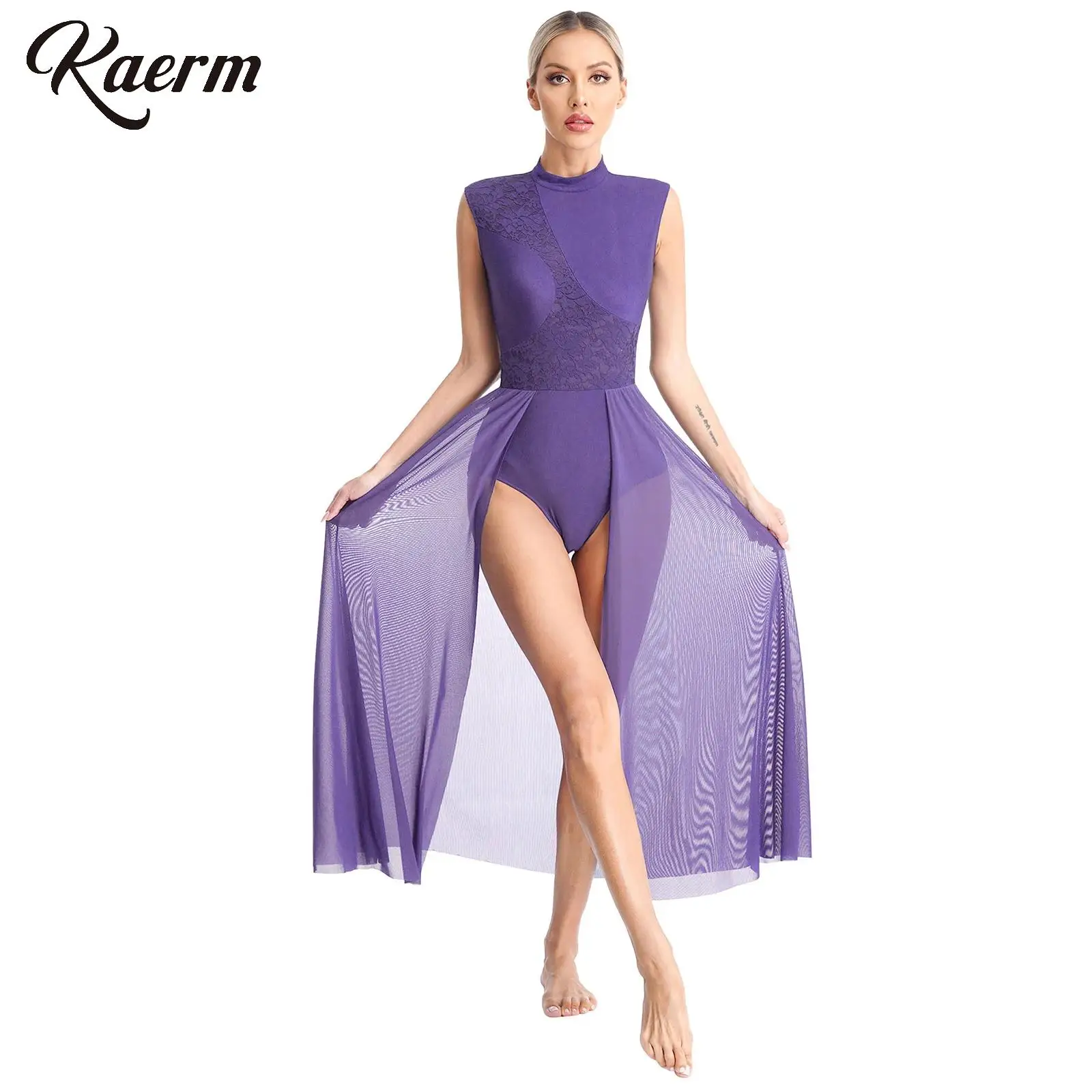 

Women Floral Lace Patchwork Modern Bodysuits Dance Dresses Mock Neck Backless Sleeveless Leotard for Stage Performance Costume