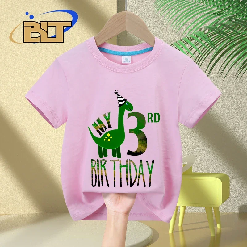 T-shirt de manga curta para crianças, top de algodão, casual, dinossauro, para aniversário, verão, 3 anos