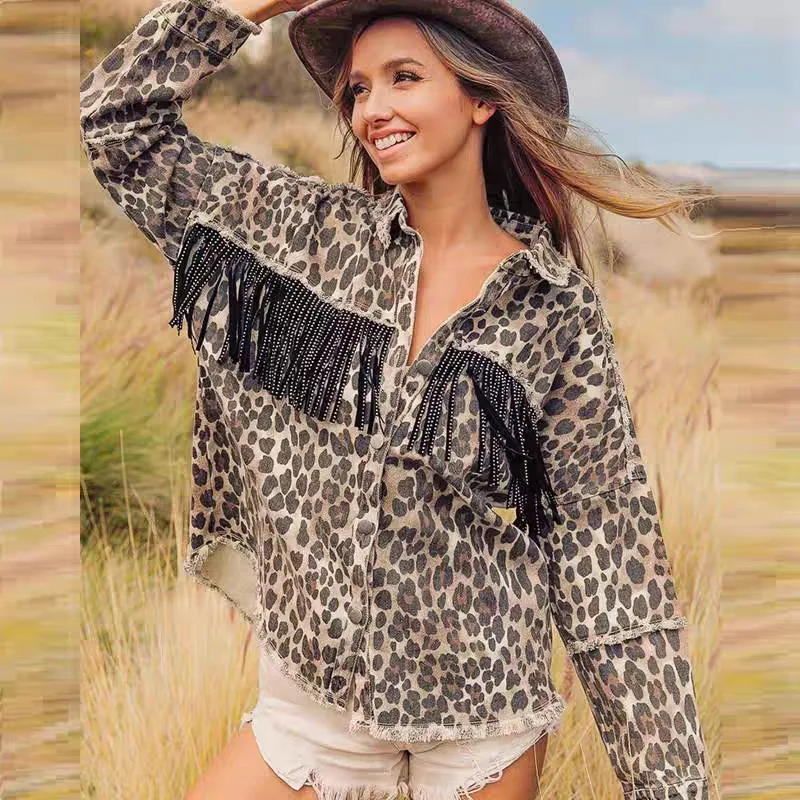 

Deeptown Vintage Leopard Denim Jacket Women Animal Print Oversized Streetwear Y2k 2024 New Spring Jackets High Street Outerwear