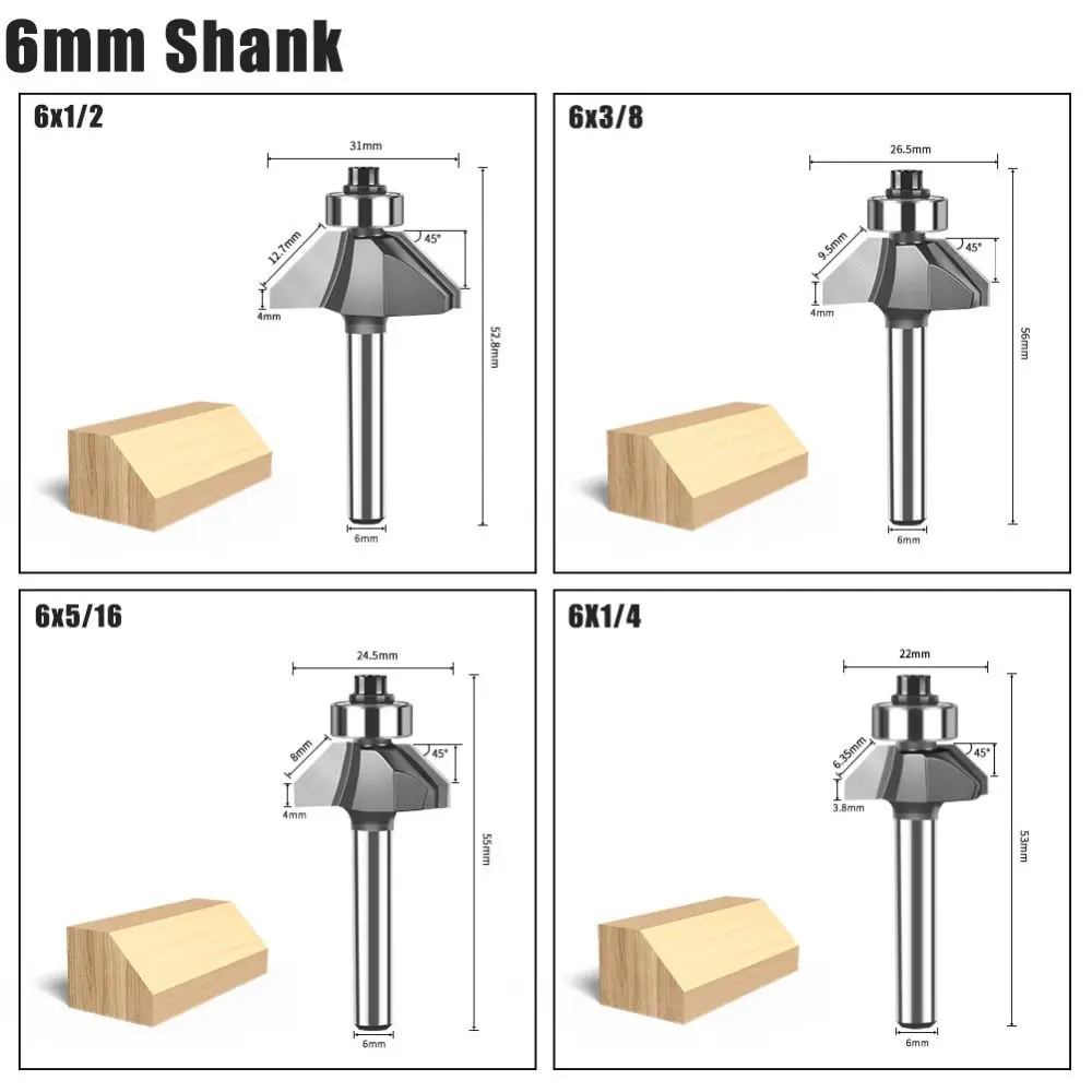 45 Degree Oblique Angle Router Bit 6mm 6.35mm Shank with Bearing Wood Carving Milling Cutter Woodworking Tools