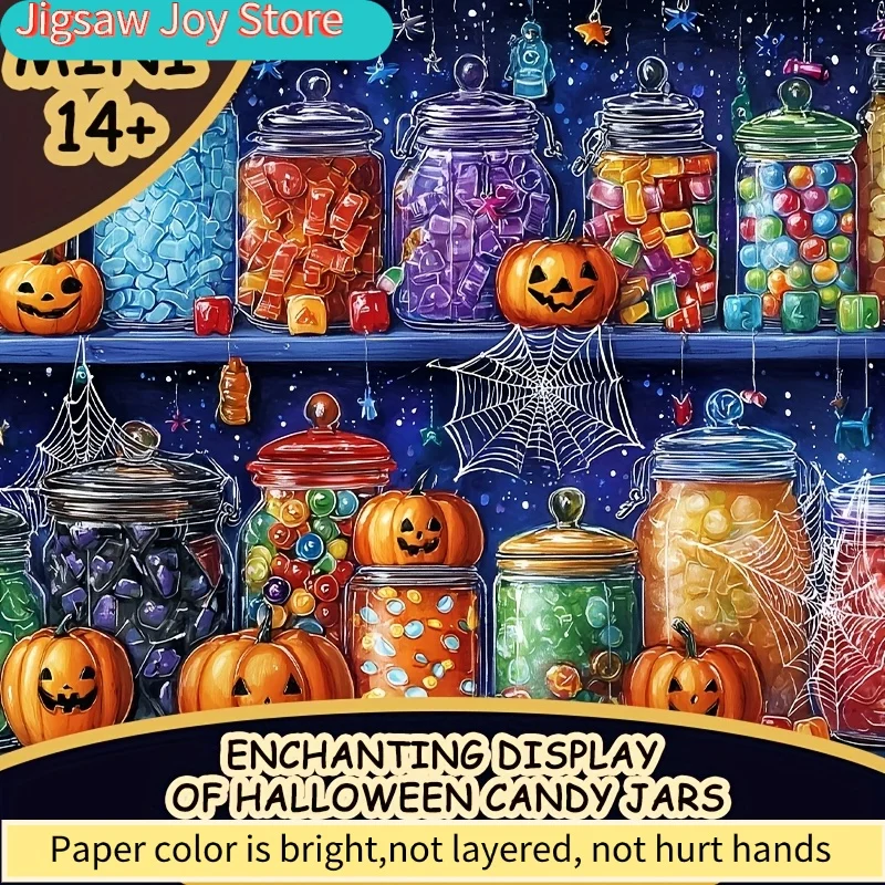 A 500pcs Puzzle for Adults Featuring a Captivating Arrangement of Halloween Candy Jars, Suitable for Party Games And Activitie