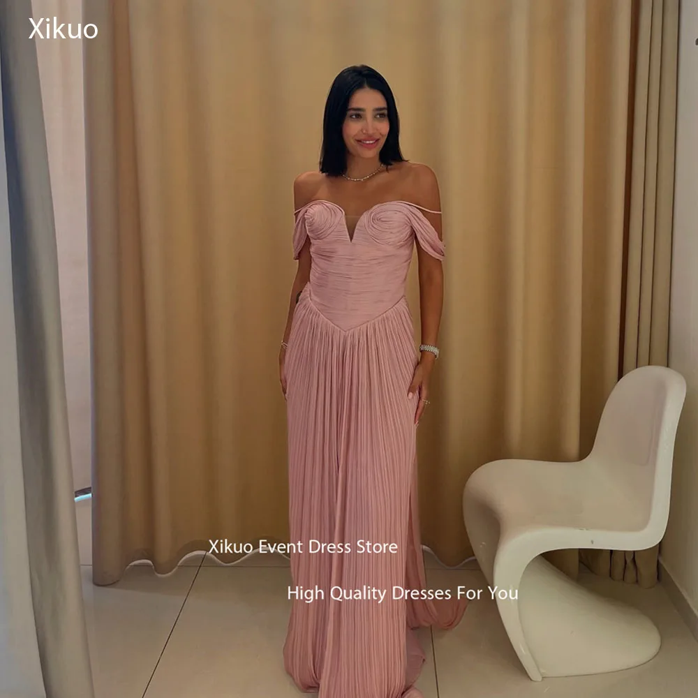 Xikuo Ruched Bodice Chiffon Evening Gowns Romantic Occasion Prom Dresses Off Shoulder Pleat Vestidos De Fiesta Mujer Customized