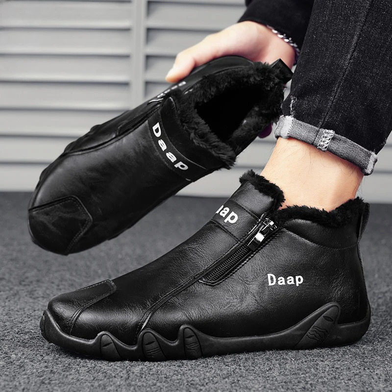 Warm Anti Slip 2025 Winter Men's High Top Leather Upper Cotton Safety Shoes Plush Lined Thickened Youth Casual Shoes