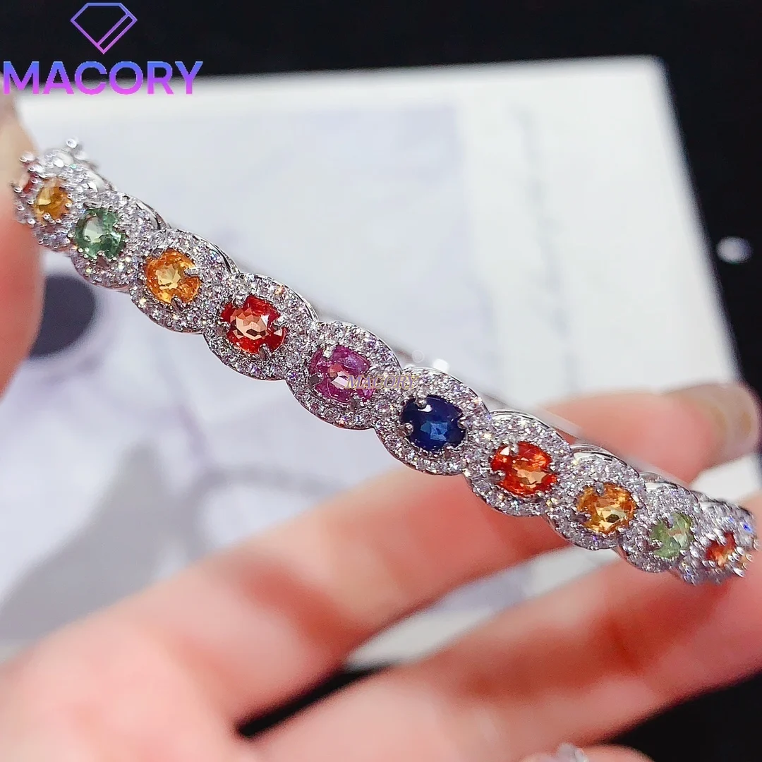 S925 silver inlaid natural colorful blue sapphire bracelet for women fashionable new style with beautiful colors