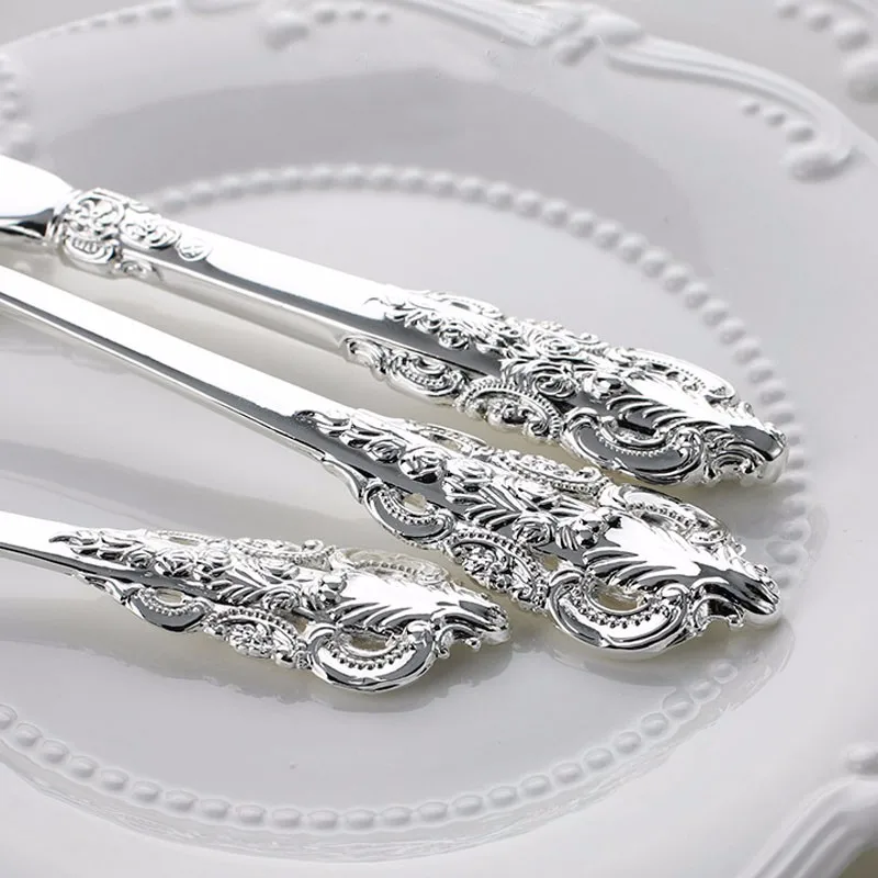 1pcs Luxury Wedding Tableware Silver Plated Dinnerware Cutlery Dinner Knife Fork Soup Spoon Dessert Fruit Salad Fork Teaspoon