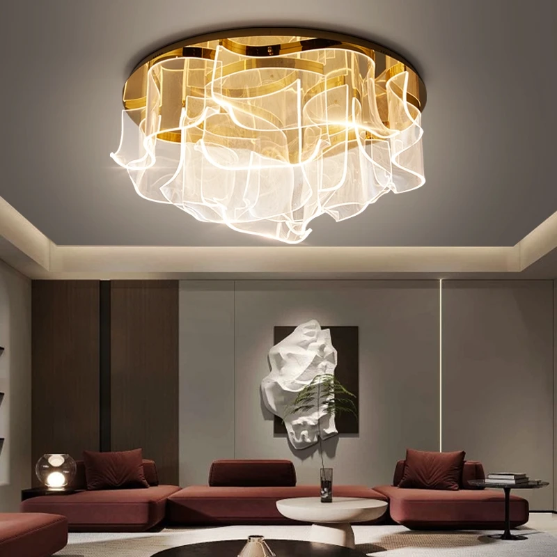 Light Guide Modern LED Ceiling Light Dining Living Room Bedroom Acrylic Panel Lamp Creative Villa Lobby Home Round Fixtures Gold