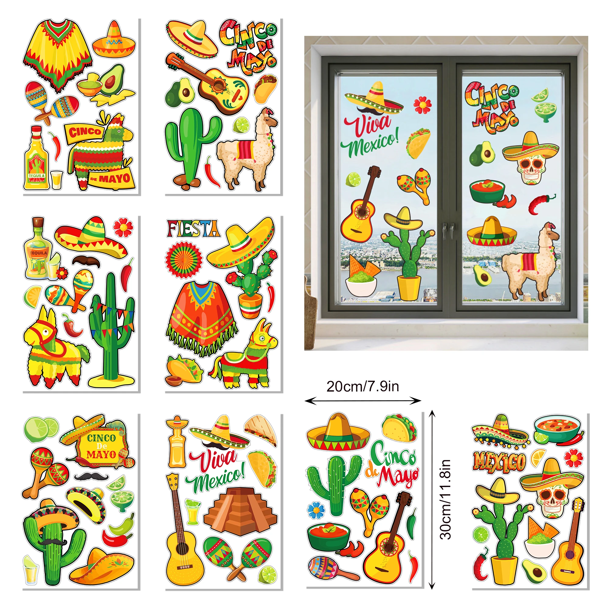 8 Sheets Cinco de Mayo Mexican Party Decoration Window Static Stickers Fiesta Cactus Party Decor Ornaments Home DIY Glass Clings