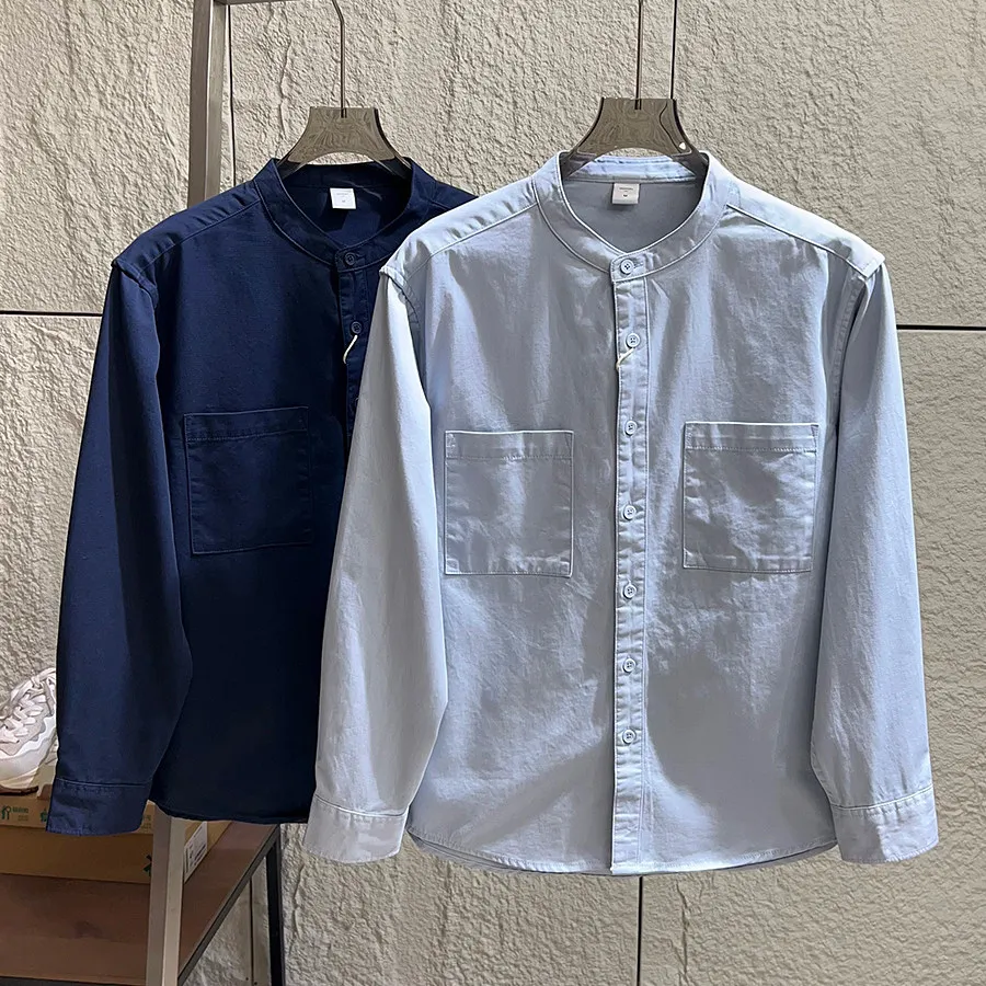 Men Japanese Streetwear Fashion Loose  Casual Stand Collar Cargo Shirts Business Vintage Long Sleeve Commute Shirt Coat