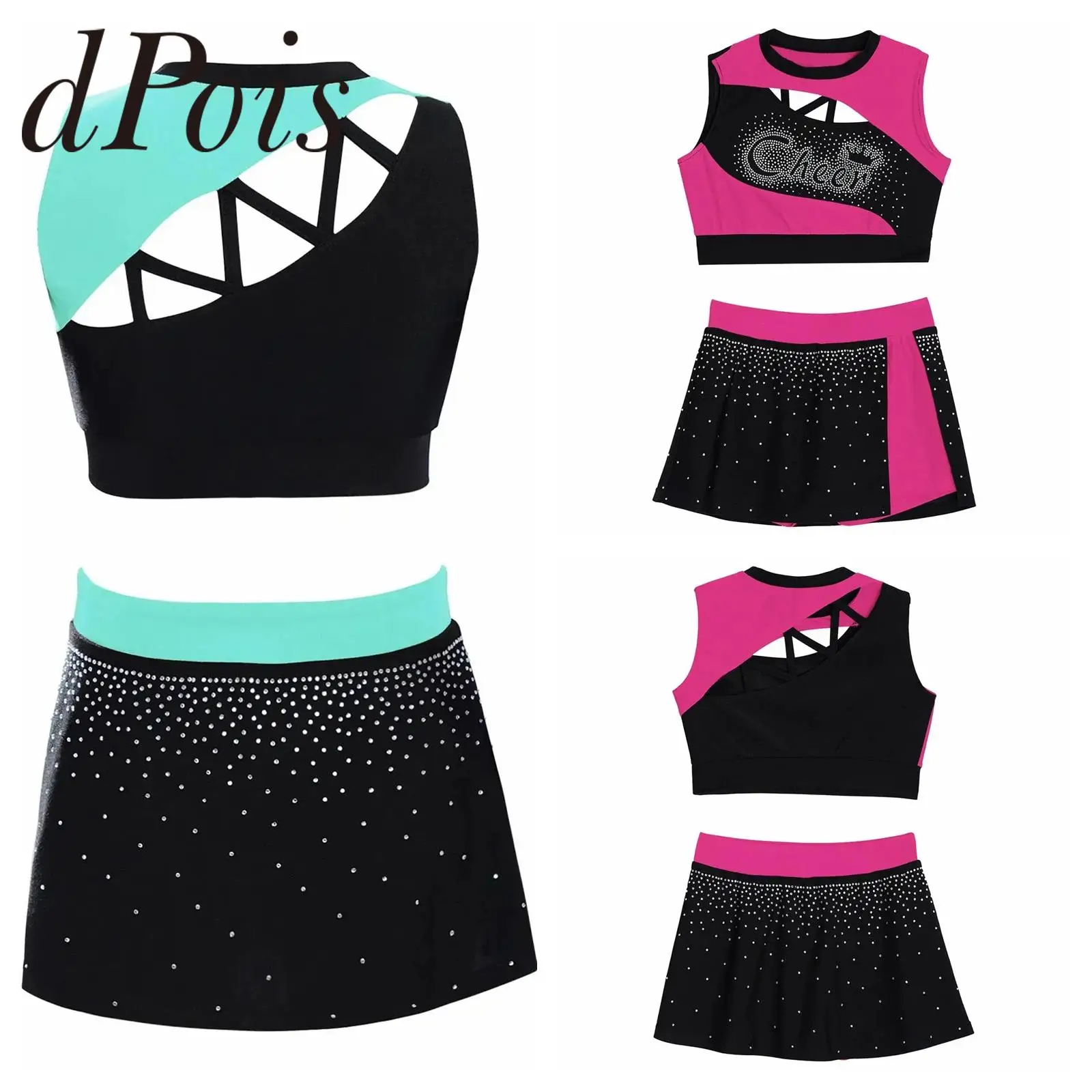 

Children Cheer Dance Outfit Kids Girls Cheerleading Uniforms Girls Cutout Sparkling Rhinestones Crop Top with Skirt Cheer Sets