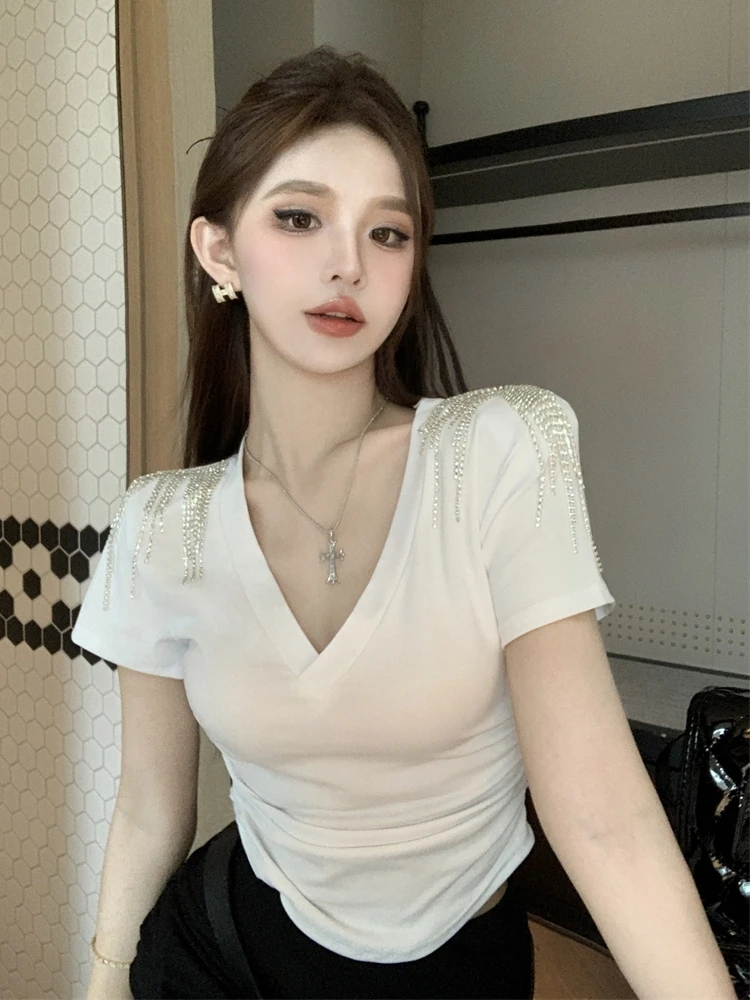 V-neck Short-Sleeved T-shirt Ladies Cotton Tassel Epaulet Shoulder Slim Tops Female Streetwear Versatile Tees