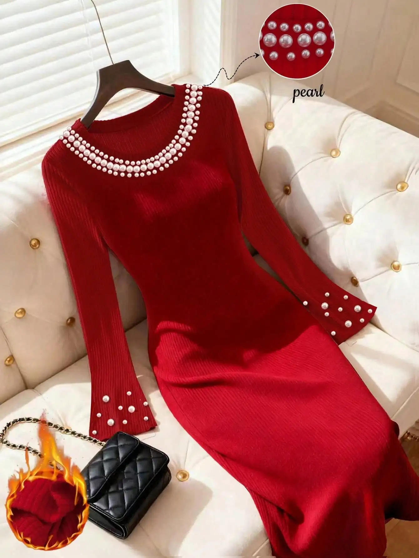 

Red Knit Long Sleeve Dress with Pearl Trim, Flared Cuffs, Fitted Silhouette for Holiday & Elegant Occasions