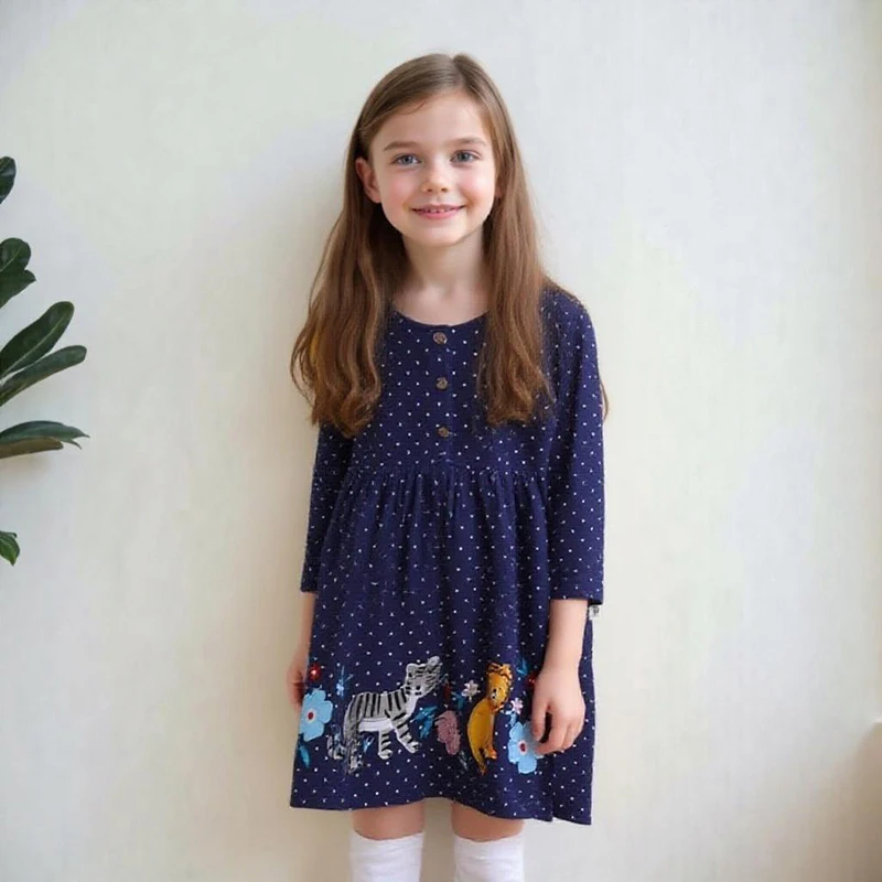 

Little maven Girl Long Sleeve 2025 Autumn Spring Baby Girls Children's Clothing Embroidered Cartoon Animals Casual Dress Cotton