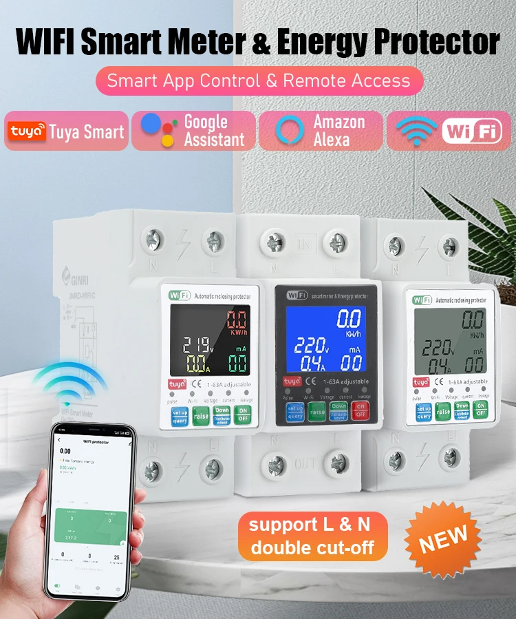 Double cut-off  Tuya  Smart WiFi Switch Home 63A 2P 220V Electricity Metering Over Load Protection Timer Relay