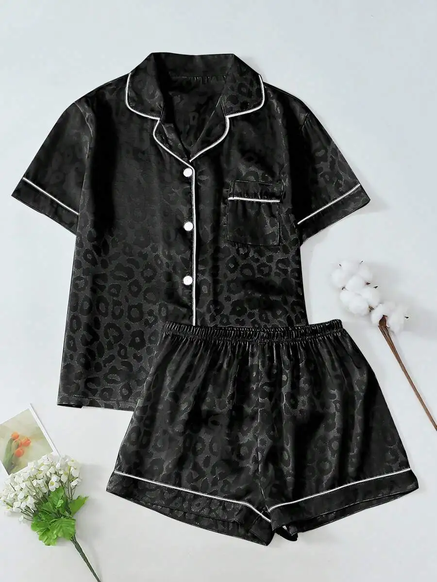 

2PCS Women Leopard Print Pajama Set Short Sleeve Button Down Shirt And Shorts