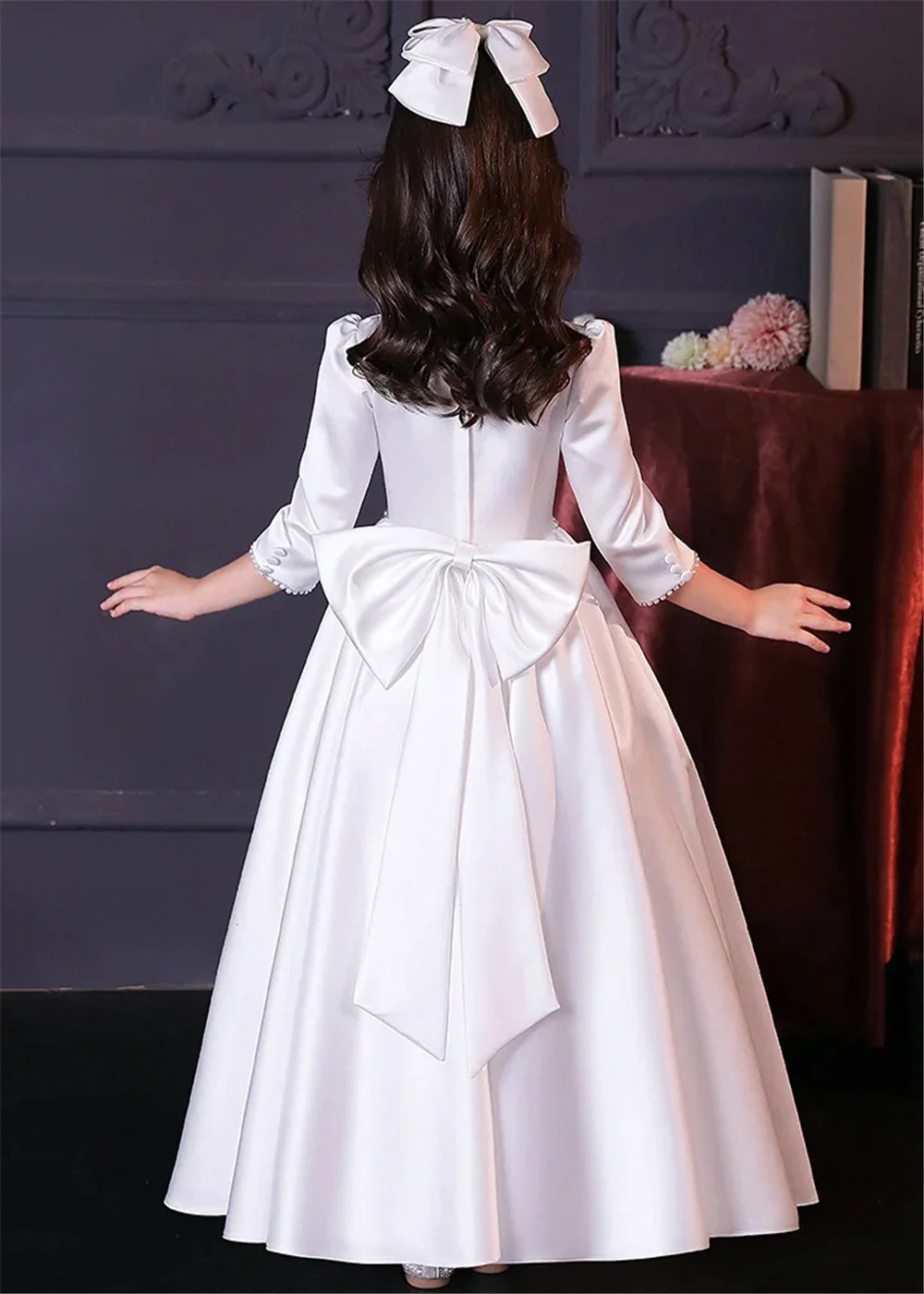 Vestido blanco elegante para niña de las flores, vestidos de primera comunión con lazo de princesa para concierto de boda, regalo de cumpleaños para dama de honor Junior