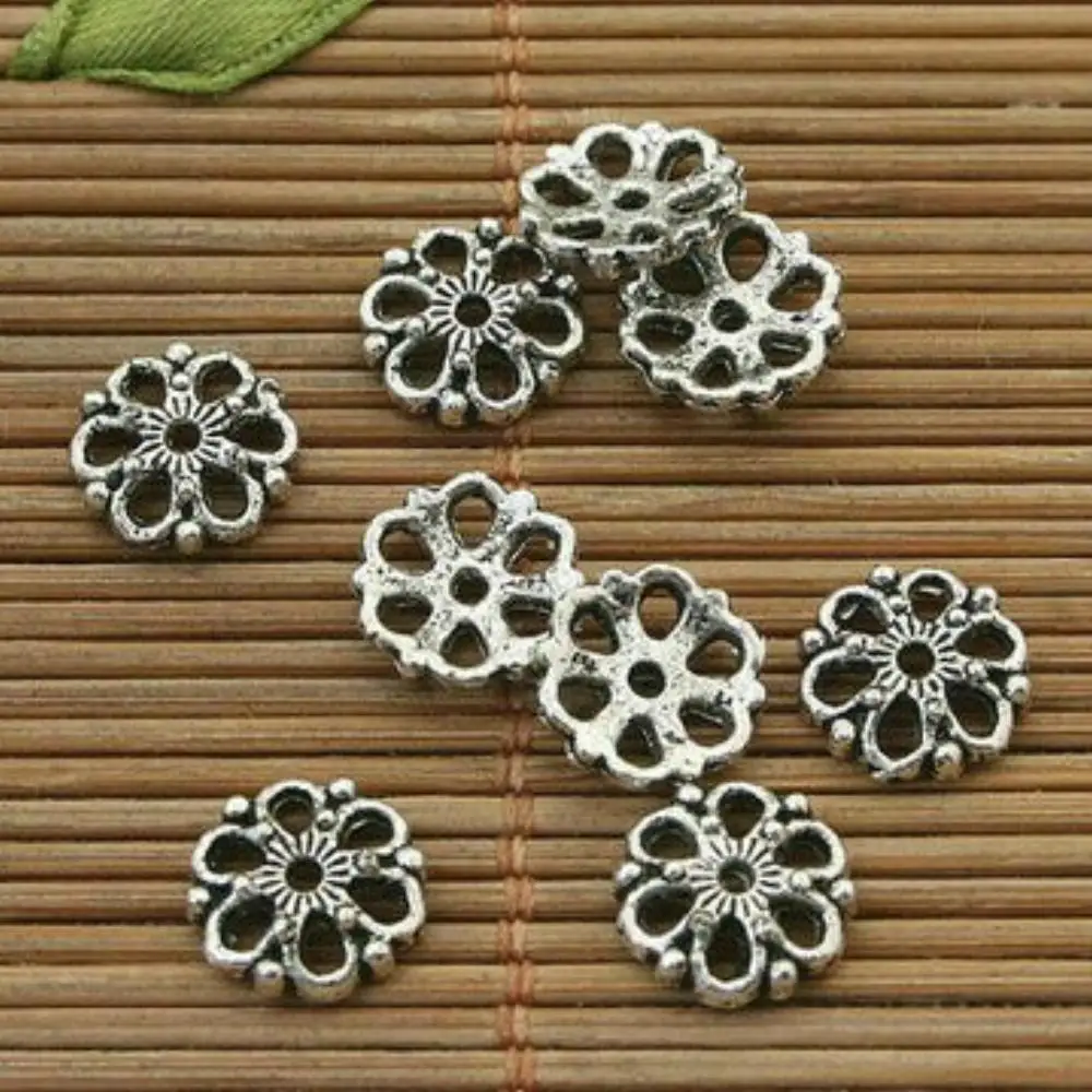 30 Stuks 9Mm Gat 0.7Mm Tibetaanse Zilverkleurige Bloemen 9Mm Kralenkappen H3855