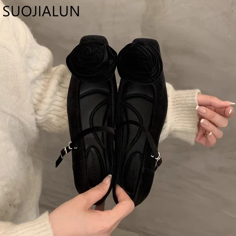 SUOJIALUN Spring Brand Women Flat Shoes Fashion Big Flower Ladies Elegnat Ballerinas Shoes Soft Flat Heel Dress Mary Jane Shoes