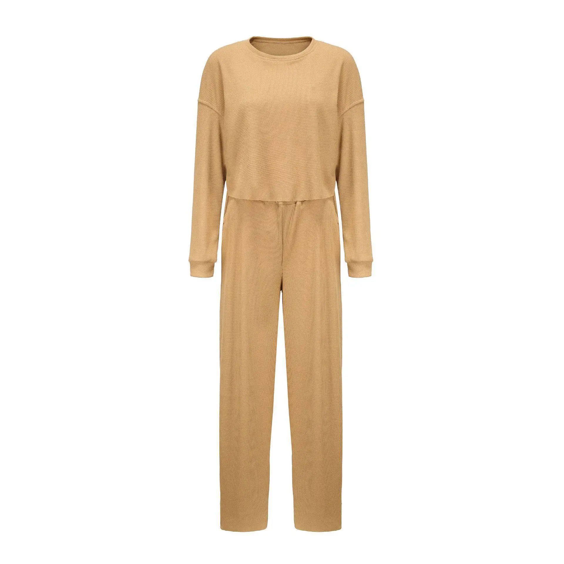 Solid Color Waffle O Neck Long Sleeve Crop Top Long Pant Sets Two Piece Sets Women Outfit Lounge Set Trouser Home Suit Offers